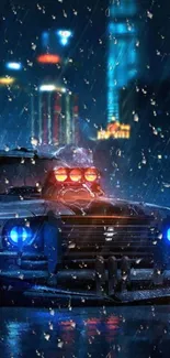 Futuristic car in neon-lit rainy city at night.