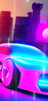 Futuristic neon car in cyberpunk cityscape.