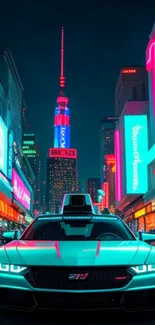 Futuristic car in neon-lit city street.