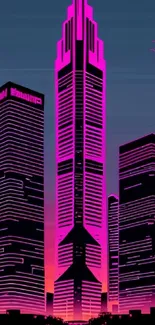 Futuristic neon city skyline with vibrant pink highlights.