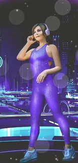 Neon-clad figure in futuristic cityscape surrounded by purple light.