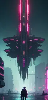 Futuristic neon cityscape with towering spaceship and urban lights.