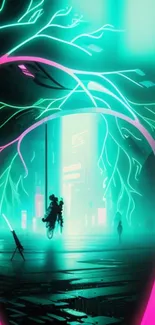 Futuristic neon cityscape with glowing trees and silhouettes at night.