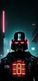 Futuristic cityscape with neon lights and masked figure in cyberpunk style.