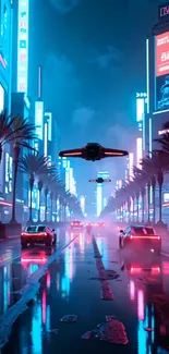 Futuristic cityscape with neon lights and flying cars at night.