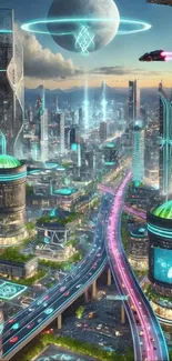 A vibrant futuristic cityscape with neon lights and hovering vehicles.