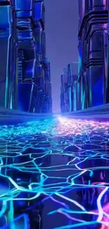 Futuristic cityscape with neon lights and reflections, digital art.