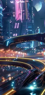 Futuristic neon cityscape with sleek architecture.