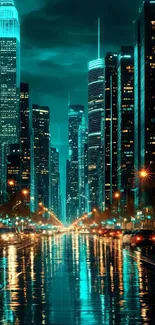 Futuristic neon cityscape with glowing buildings and reflections on wet streets.