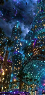 Futuristic neon cityscape with towering buildings and vibrant colors.