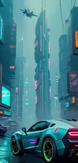 Futuristic city with neon lights and flying cars in a cyberpunk style.