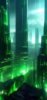 Futuristic neon cityscape with green skyscrapers.