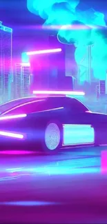 Futuristic neon cityscape with a sleek car and glowing skyscrapers.