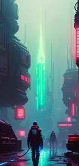 Futuristic neon cityscape with vibrant lights and cyberpunk elements.