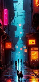 A cyberpunk alley with neon lights and a futuristic vibe for mobile wallpaper.