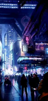 Futuristic cityscape at night with neon lights.