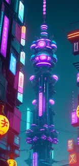 Futuristic cityscape with neon lights and towering skyscrapers at night.