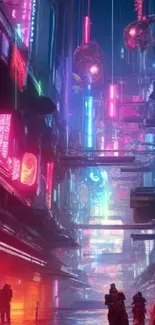 Futuristic cyberpunk cityscape with neon lights and towering structures.