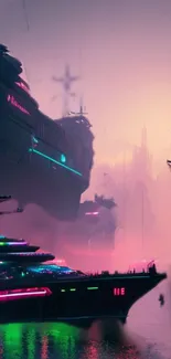 Futuristic cityscape with neon ships and vibrant skyline.