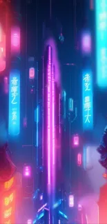 Futuristic neon cityscape wallpaper with glowing virtual signs and vibrant colors.