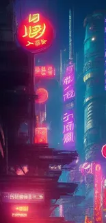 Futuristic neon cityscape with vibrant colors and urban elements.