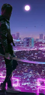 Lone figure with katana overlooking neon cityscape at night.