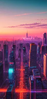 Futuristic cityscape with neon lights and a vibrant sunset in the background.