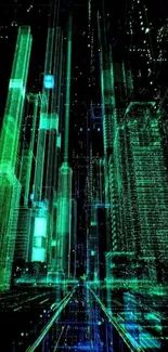 Futuristic neon cityscape glowing in green and blue lights with digital effect.