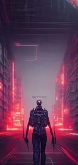 Futuristic robot in a neon-lit cityscape with vibrant colors.