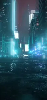 Futuristic neon cityscape with glowing teal lights.