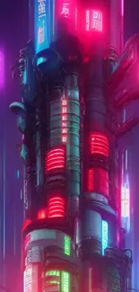 Futuristic neon cityscape with pink neon lights at night.