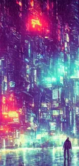 Futuristic neon cityscape with vibrant lights and urban atmosphere.