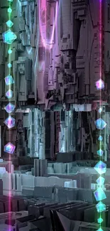 Futuristic neon cityscape wallpaper in pink, blue, and gray hues.