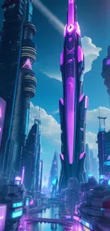 Futuristic neon cityscape with skyscrapers and vivid lights.