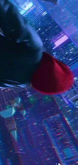 Dynamic neon cityscape wallpaper with a red beanie.