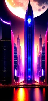 Futuristic neon cityscape wallpaper with a purple-blue skyline under a glowing moon.