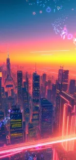 Futuristic cityscape with neon lights and a colorful twilight sky.