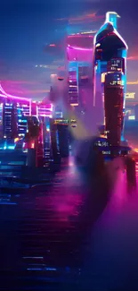 Futuristic cityscape with neon lighted skyscrapers and vibrant colors.