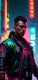 Vibrant cyberpunk cityscape with neon lights and a mysterious character.