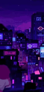 Futuristic neon cityscape with purple and pink hues.