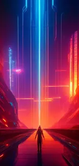 Futuristic neon cityscape with blue and red hues.