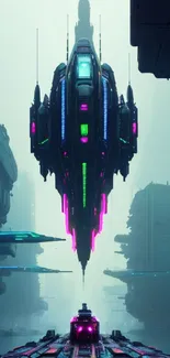 Futuristic cityscape with neon-lit ships hovering above a misty urban street.