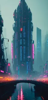 Futuristic neon cityscape with skyscrapers and glowing water reflections.