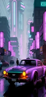 Purple neon-lit city street with retro car.