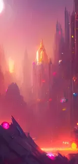 Futuristic neon cityscape with glowing skyscrapers.