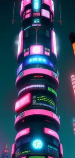 Futuristic city with neon signs under dark blue night sky.