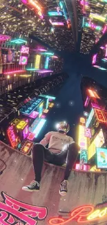 Person sitting amid a vibrant neon cityscape with futuristic architecture.