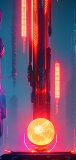 Futuristic neon cityscape with glowing lights and modern architecture.