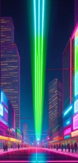 Futuristic neon cityscape with vibrant colors and digital art style.