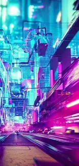 Futuristic cityscape with vibrant neon lights and dynamic motion in violet tones.